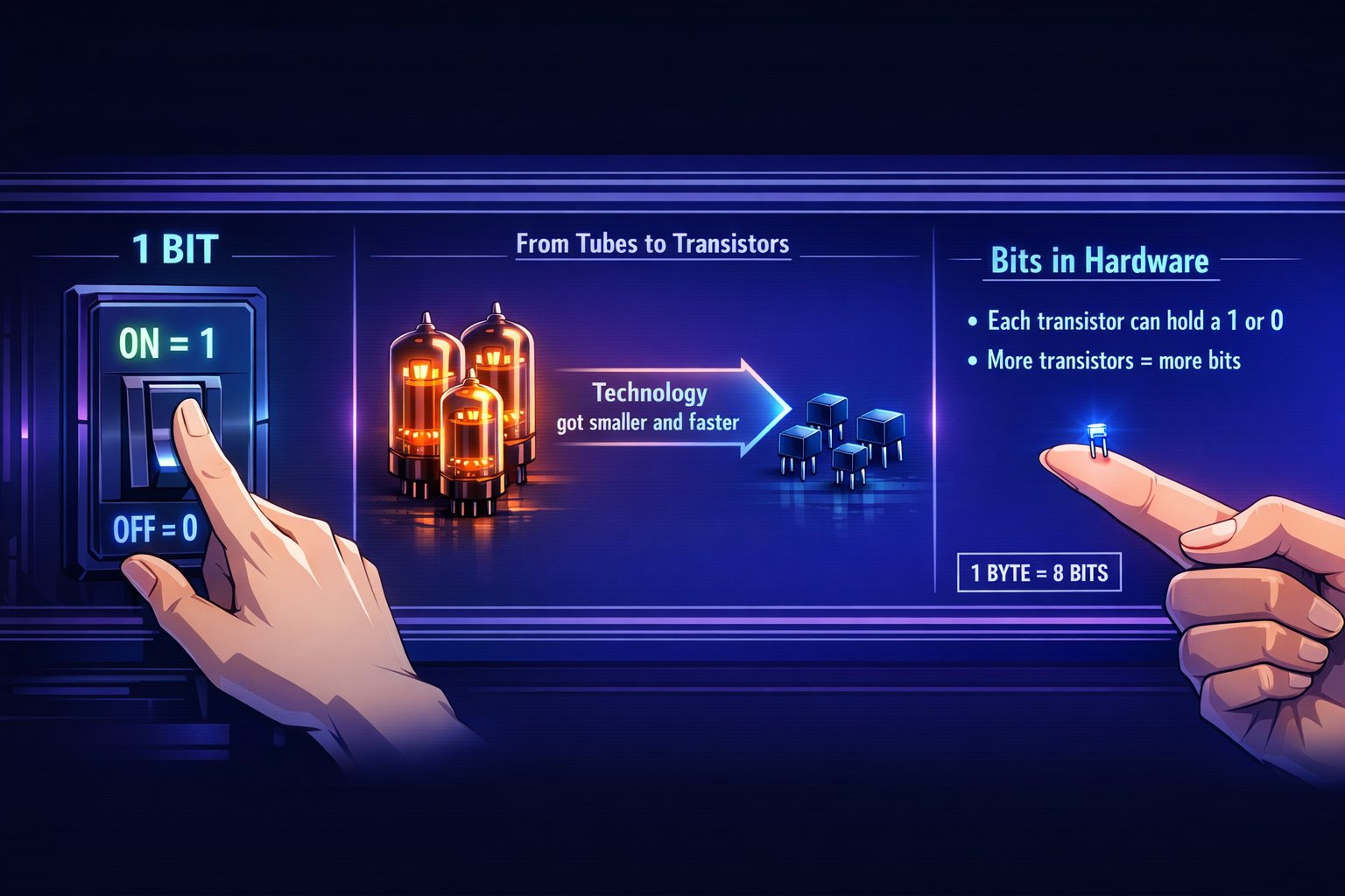 From vacuum tubes to transistors — 1 bit is ON or OFF, 1 byte equals 8 bits
