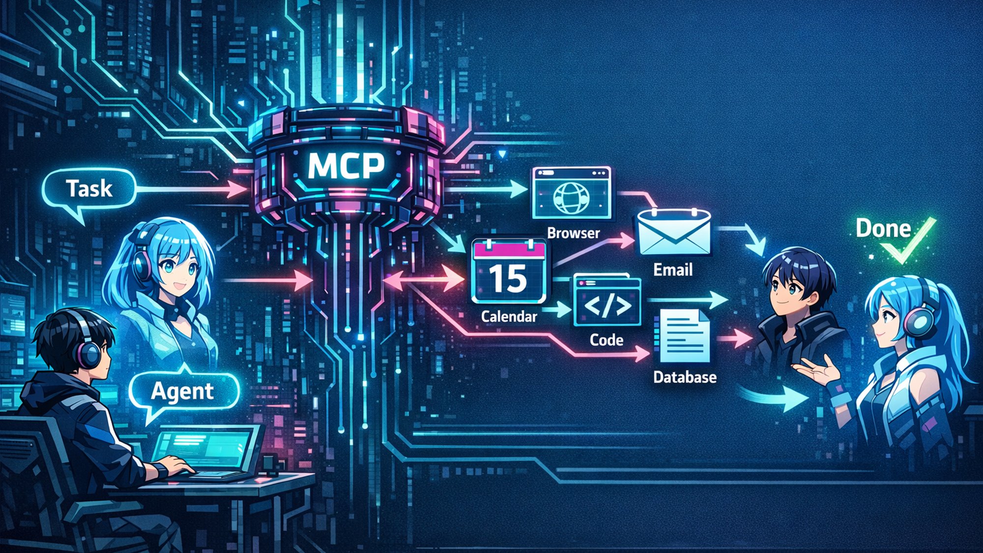 MCP — Model Context Protocol connecting an AI agent to tools